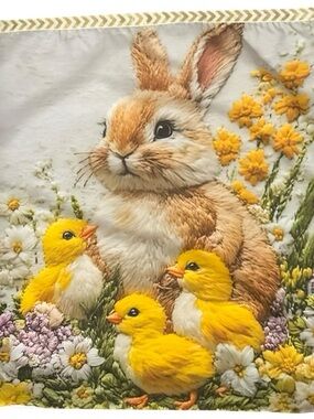 Spring Bunny & Chicks Accent Pillow Cover in Yellow and Cream